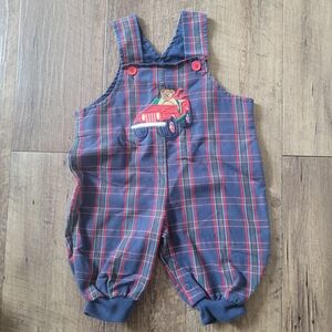 Vtg Plaid Kids Overalls w Embroidered Teddy Bear and Car /t5